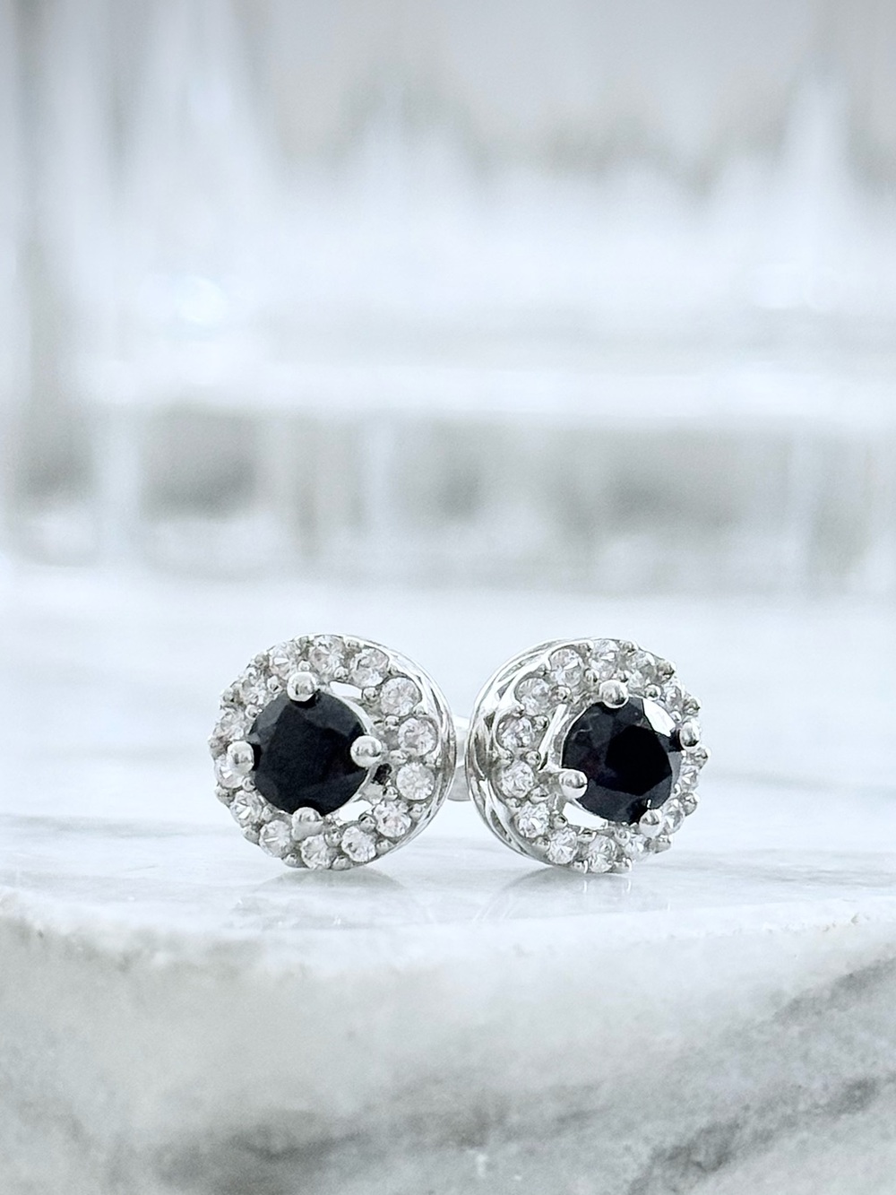 Genuine Black Sapphire and Genuine White Topaz Stud Earrings